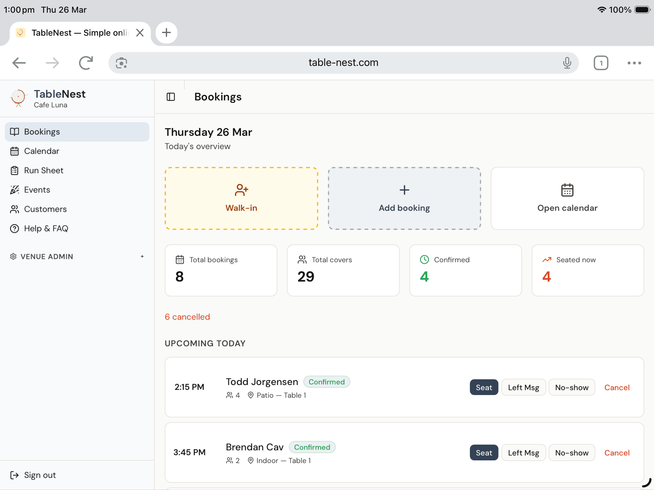 TableNest bookings dashboard showing today's overview, walk-in and booking actions, and upcoming reservations